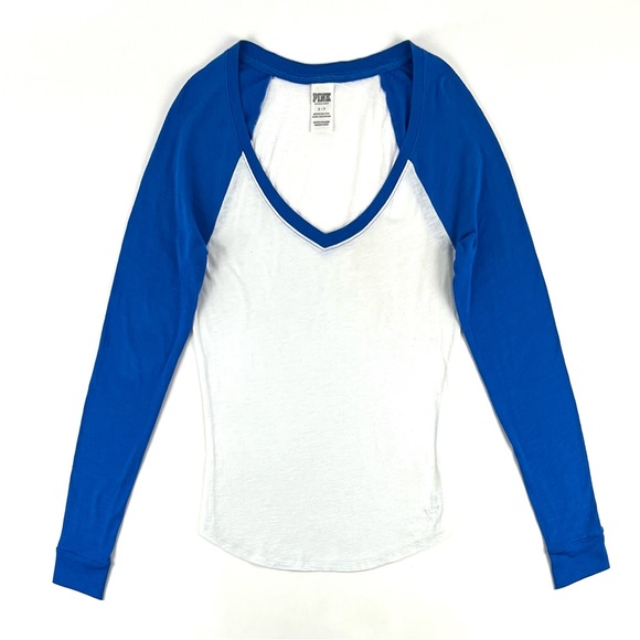 PINK Victoria’s Secret Blue V-Neck Baseball Long Sleeve Tee - Picture 1 of 6